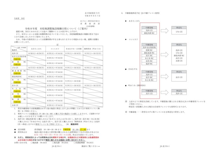 令和8年度 米乾燥調製施設稼働日程について【ご案内】